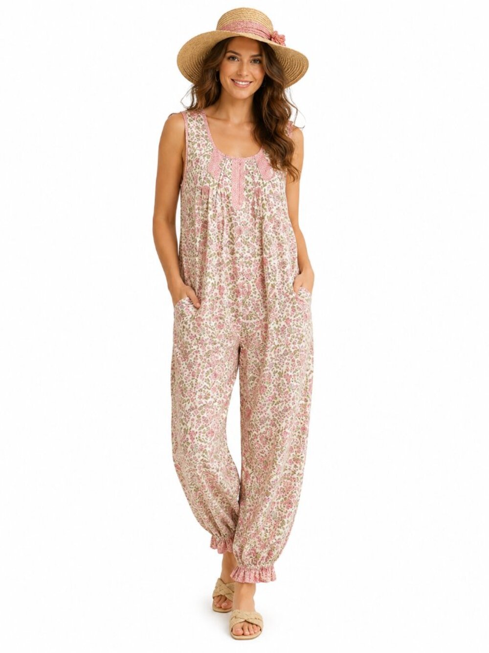 April Cornell Floral Jumpsuit Romper Pink Rose Print Sleeveless XXS Cottagecore
